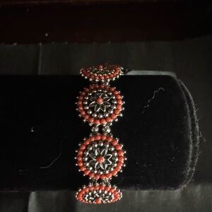 Elegant Silver and Red Beaded Bracelet